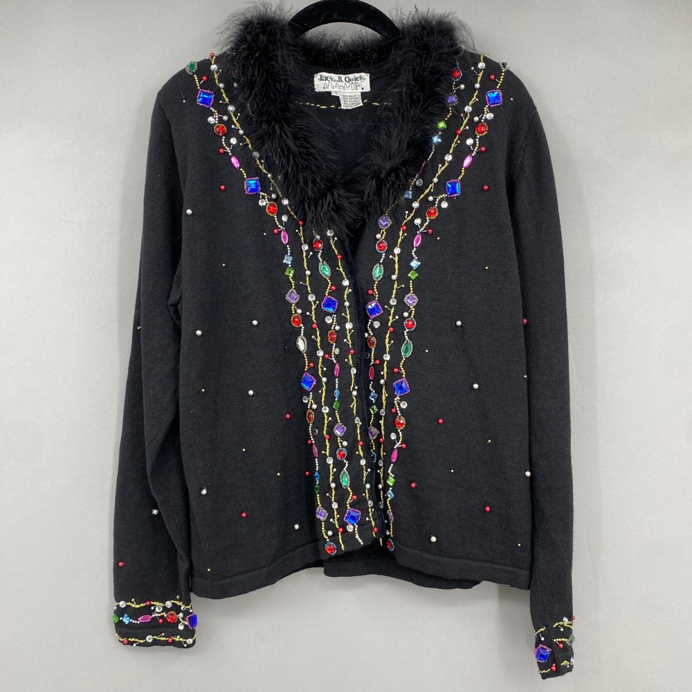 Vintage Jack B Quick Beaded Jewel Faux Fur Cardigan Womens Large Black Festive